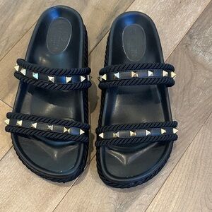 Valentino Black Rockstud Espadrille Slide Sandals